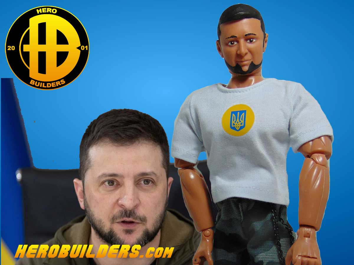Volodymyr Zelenskyy Action Figurewith the real Volodymyr Zelenskyy in the back ground